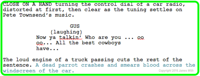 #ATTH #DPDU A snapshot of script setting and dialogue from "Dead Parrots Down Under" original screenplay by James With